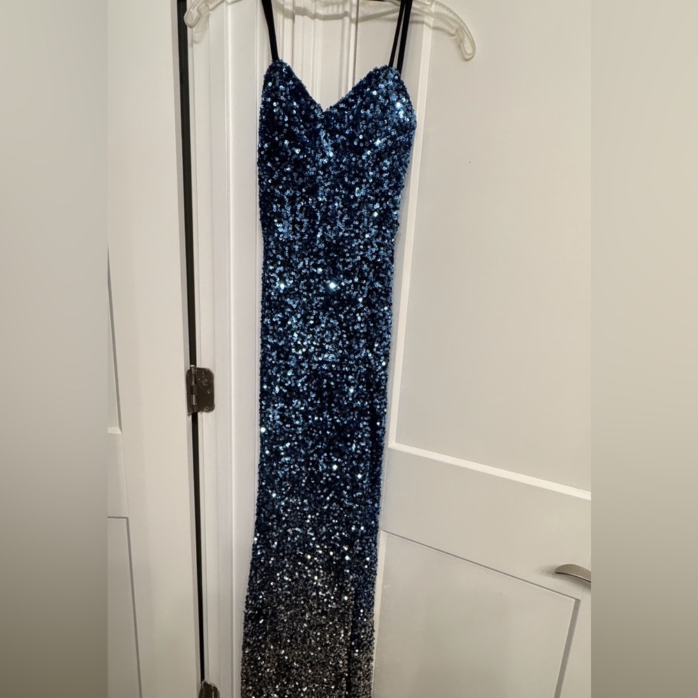 PROM DRESS!!! Sparkling Blue Ombré Dress with Slit!